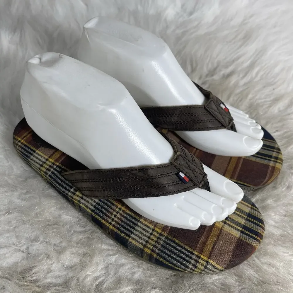 Tommy Hilfiger Flip Flops Mens 7M Brown Leather Plaid Thong Sandals